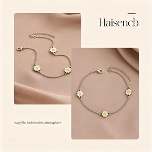 Double Layer Anklet, Daisy Flower Ankle Bracelet, Summer Beach Jewelry, Gift for Women