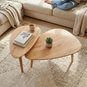 May include: A set of two light-toned wooden nesting coffee tables with organic, teardrop-shaped tops and tapered legs. The smaller table holds a stack of books and a ceramic mug, while the larger table features a small green succulent plant.