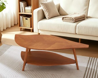 Leaf Coffee Table with Storage, Mid Century Modern Oak Veneer Marquetry, Solid Wood Legs
