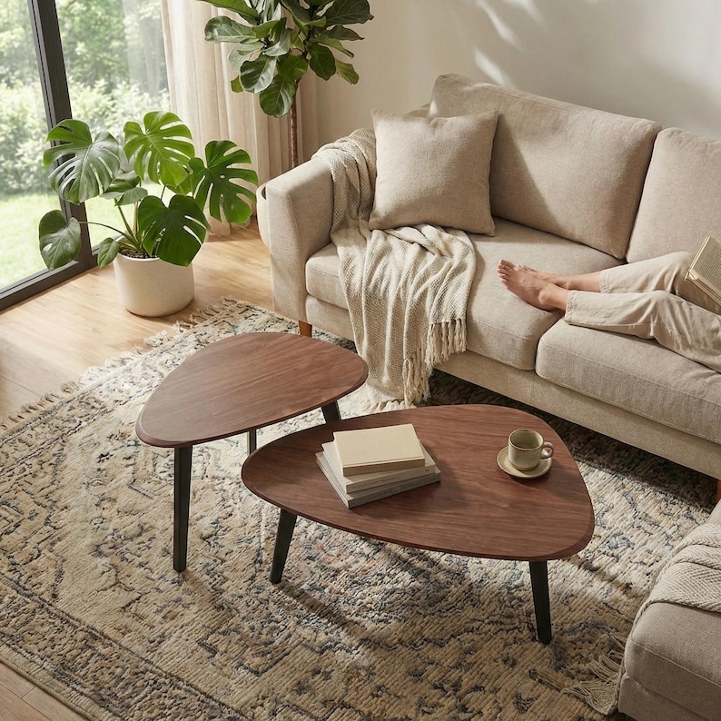 May include: A set of two nesting coffee tables with dark brown wooden tops in an irregular, rounded triangular shape, each supported by three slender black legs. The tables are arranged with one slightly overlapping the other on a patterned rug.