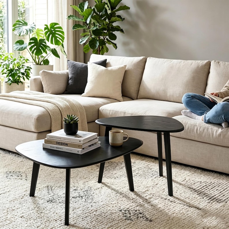 May include: A set of two black wooden nesting coffee tables with organic, rounded triangular tops and tapered legs. The lower table holds a stack of three books and a small potted succulent, while the taller table holds a ceramic mug.
