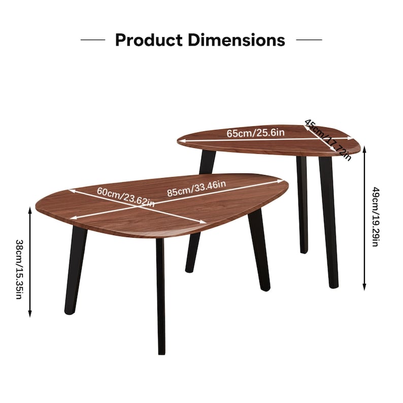 May include: A set of two nesting coffee tables with dark wood grain tops and black legs. The larger table measures 33.46 inches long, 23.62 inches wide, and 15.35 inches high. The smaller table measures 25.6 inches long, 17.72 inches wide, and 19.29 inches high.