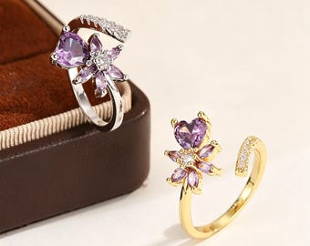 Lila CZ Blume verstellbarer Ring, 14K Vergoldetes Kupfer, Statement Cocktail Ring
