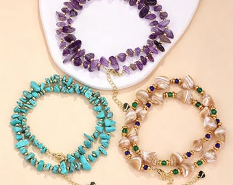 Gargantilla de piedra natural, turquesa, amatista, concha y perla, joyería bohemia playera.