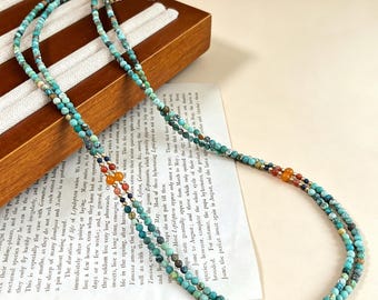 Gargantilla de cuentas de turquesa natural, joyería bohemia de verano para la playa.