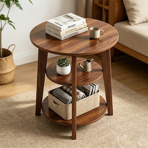 May include: A round, three-tiered wooden side table with a dark brown wood grain finish. The top surface holds a stack of three books labeled design, architecture, and architecture, plus a small ceramic mug. The middle shelf holds a succulent.