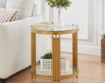 20" Round Glass End Table, 2-Tier Side Table, Art Deco Metal Frame