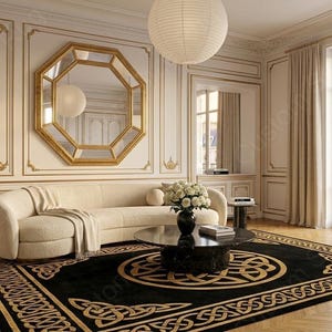 Black Gold Medallion Rug | Celtic Geometric Wool Carpet | Art Deco Living Room Decor