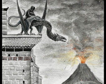 A Fell Beast of Mordor at Barad-dûr – Original Art - J. R. R. Tolkien, Mordor, Ringwraith, fantasy illustration, Tolkien Gifts