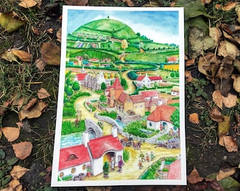 Hobbiton vernieuwd – gesigneerde kunstprint - Tolkien Art, Fantasy Illustrations Art Print, The Shire, Bag End, Tolkien Gifts