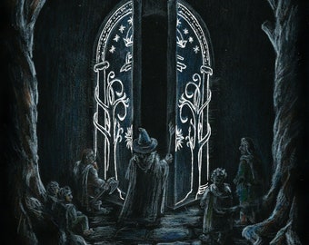 May include: A black and white illustration of a group of people standing in front of a large, ornate, open doorway. The doorway is decorated with stars and trees. The text "The Doors of Durin Opening" is at the bottom of the image.