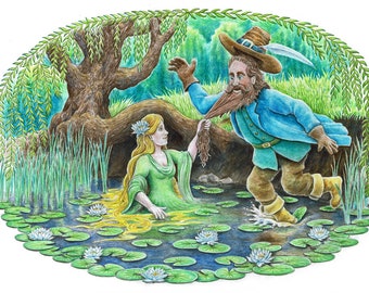 May include: A watercolor illustration of a man with a long beard and a hat reaching out to a woman with long blonde hair in a green dress. The woman is in a pond with lily pads and flowers. The man is wearing a blue coat and brown pants.