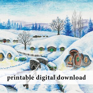 Winter in the Shire – PRINTABLE art – fantasy illustration, J. R. R. Tolkien