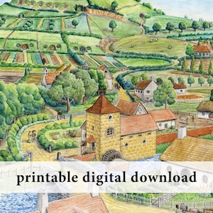 Hobbiton – PRINTABLE art – fantasy illustration, J. R. R. Tolkien