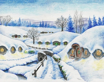 Winter in the Shire – Signed Art Print - fantasy illustration, J. R. R. Tolkien