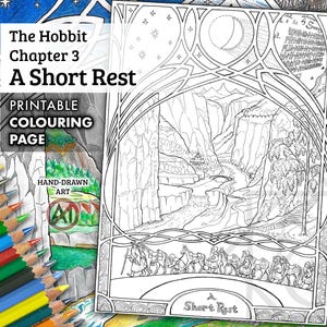 May include: Black and white printable coloring page from The Hobbit, Chapter 3, titled "A Short Rest." The page features a detailed landscape with mountains, a river, and figures. Colored pencils are visible on the left.