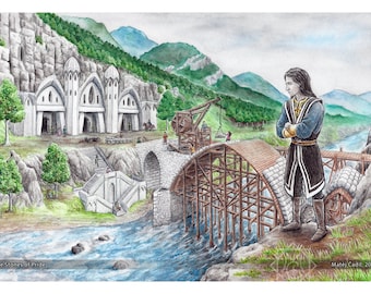 May include: A watercolor painting depicting a stone structure with arched doorways, a wooden bridge under construction, and a figure standing on a rocky outcropping. The bridge is made of wood and has a stone archway. The figure is wearing a dark robe and has long dark hair. The painting is titled "The Stones of Pride" and signed "Matej Cadil, 2023".