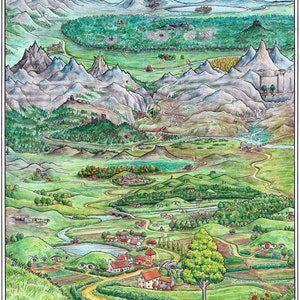 May include: A watercolor painting of a fantasy landscape with a winding road leading to a small village. The road goes through a green valley with rolling hills and mountains in the background. The text "The Road Goes Ever On" is at the bottom left of the image and "Matej Cadil, 2023" is at the bottom right.