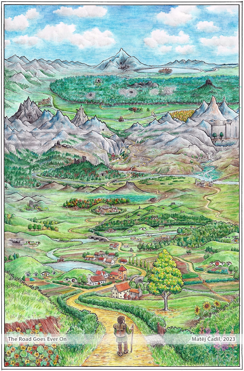 May include: A watercolor painting of a fantasy landscape with a winding road leading to a small village. The road goes through a green valley with rolling hills and mountains in the background. The text "The Road Goes Ever On" is at the bottom left of the image and "Matej Cadil, 2023" is at the bottom right.