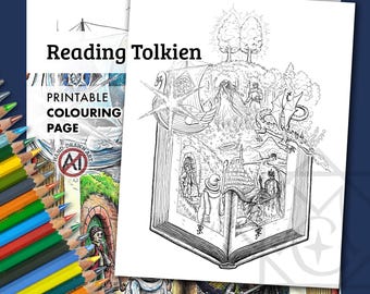 Reading Tolkien – PRINTABLE Colouring Page | J. R. R. Tolkien | Colouring Sheet for Adults and Kids