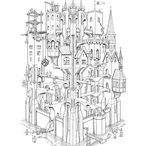 Può includere: Un disegno in bianco e nero di un complesso castello a più livelli con dettagli intricati e molte torri. Il castello è disegnato in uno stile che ricorda un'incisione su legno o un'incisione medievale.