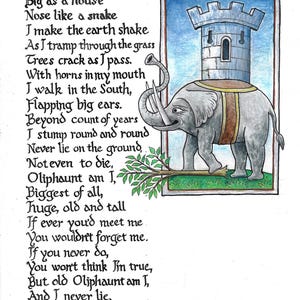 May include: An illustrated poem featuring a gray elephant with a castle on its back. The text, in elegant calligraphy, describes the elephant, Oliphaunt, and its characteristics. The artwork is framed with a blue border.