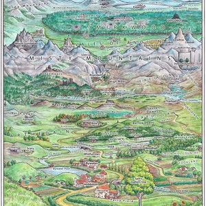 May include: A hand-drawn map of Middle-earth from J.R.R. Tolkien's The Lord of the Rings. The map shows the Shire, Rivendell, Mordor, and other locations from the books. The map is drawn in a whimsical style with colorful details.