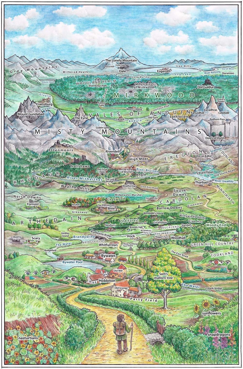 May include: A hand-drawn map of Middle-earth from J.R.R. Tolkien's The Lord of the Rings. The map shows the Shire, Rivendell, Mordor, and other locations from the books. The map is drawn in a whimsical style with colorful details.