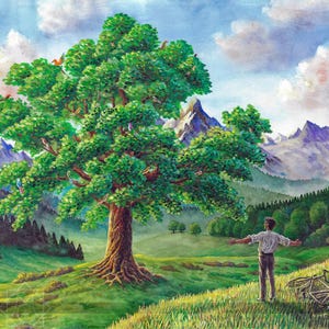 The Great Tree – illustrazione originale, J. R. R. Tolkien, arte fantasy, Leaf di Niggle, Tolkien Gifts
