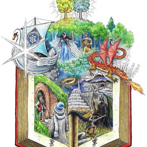 Reading Tolkien – Embellished art print, Silmarillion Art, J. R. R. Tolkien, fantasy illustration, Tolkien Gifts