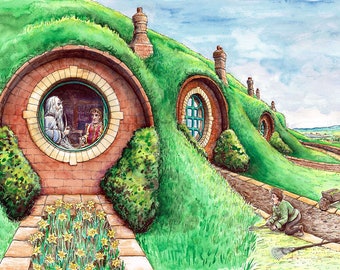 May include: Watercolor illustration of hobbit holes built into a grassy hillside. Round windows and doors are set into the earth, with a path leading to the homes. A person is gardening outside one of the homes. Daffodils line the path.