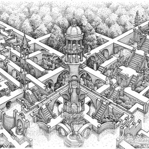 Può includere: Un disegno in bianco e nero a penna e inchiostro di un giardino d'acqua con una fontana centrale e più livelli di scale e passerelle. Il disegno è intitolato "Water Garden" e firmato "Matej Cadil, 2022".