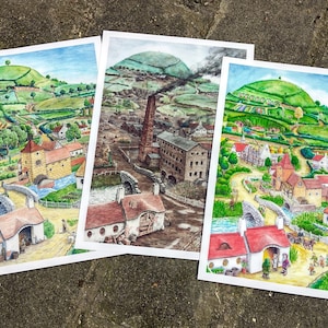 以下が含まれることがあります： 異なる風景を描いた水彩画3点。最初の絵は、小さな村が麓にある緑色の丘を描いています。2番目の絵は、煙突から煙が出ている工場を描いています。3番目の絵は、小さな村が麓にある緑色の丘を描いています。