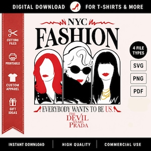 Puede incluir: Gráfico de descarga digital con tres rostros femeninos estilizados, labios rojos y diversos peinados. La palabra "FASHION" es central, con "NYC" encima. El texto incluye "EVERYBODY WANTS TO BE US" y "THE DEVIL WEARS PRADA."