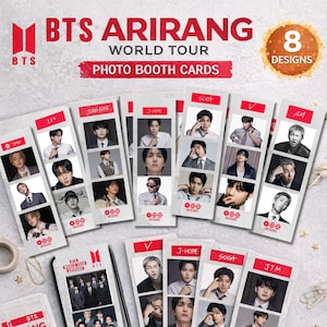 May include: Photo booth cards featuring members of the K-pop group BTS. The cards are white with red accents and include individual member photos. The text "BTS ARIRANG WORLD TOUR PHOTO BOOTH CARDS" is displayed at the top, with "8 DESIGNS" in a circle.