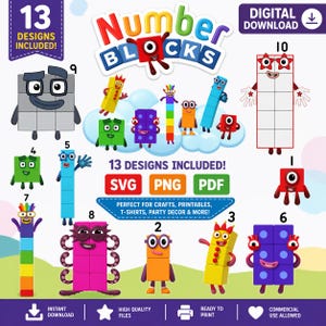 Puede incluir: Un gráfico de descarga digital con 13 diseños de Number Blocks. Las ilustraciones coloridas incluyen varios personajes de bloques con los números 1-10, además de diseños adicionales. El texto incluye "13 Designs Included!" y opciones de tipo de archivo: SVG, PNG y PDF.