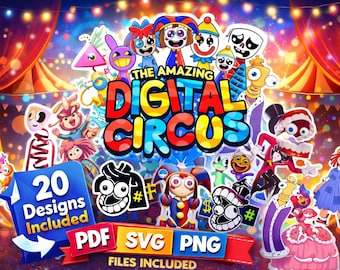 The Amazing Digital Circus SVG-bundel | 20 personageontwerpen | png-svg-pdf-bestanden | circus cartoon clipart | direct downloaden