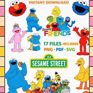 May include: A digital download featuring various Sesame Street characters, including Elmo, Cookie Monster, and Big Bird. The image includes the text "Sesame Street Friends," "17 Files Included," and "Instant Download."