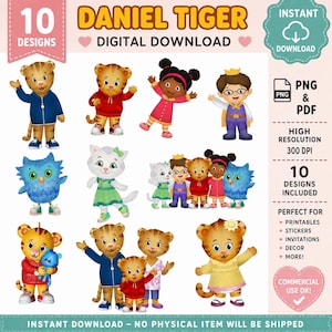 Op de afbeelding: Digitale download met 10 Daniel Tiger ontwerpen. Bevat verschillende personages in kleurrijke outfits. De afbeelding bevat de tekst "DANIEL TIGER DIGITAL DOWNLOAD" en "10 DESIGNS". Perfect voor printables, stickers, uitnodigingen en decor.
