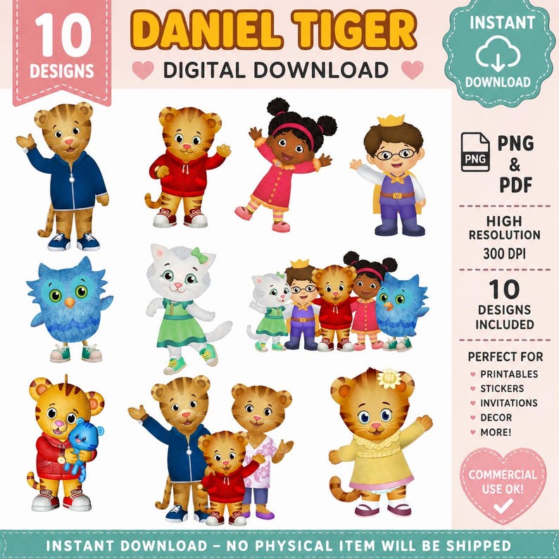 Op de afbeelding: Digitale download met 10 Daniel Tiger ontwerpen. Bevat verschillende personages in kleurrijke outfits. De afbeelding bevat de tekst "DANIEL TIGER DIGITAL DOWNLOAD" en "10 DESIGNS". Perfect voor printables, stickers, uitnodigingen en decor.