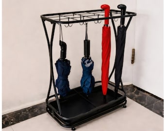 Paragüero de pie estilo vintage, perchero multifuncional de metal para la organización y decoración del hogar.