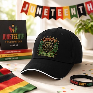 May include: Black baseball cap with a white brim, featuring a "Unity Power" design with clasped hands and a laurel wreath. The image includes a Juneteenth banner, a "Juneteenth Freedom Day" card, and a "Freedom Unity Hope" bracelet.