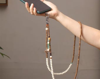 Correa para teléfono Bodhi blanca con cuentas de palisandro amarillo, correa de muñeca para celular Lucky con bandolera