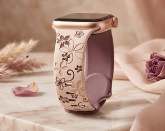 Apple-Armband mit Blumengravur - Elegantes Armband aus weichem Silikon (Serie 11-4, SE, Ultra)