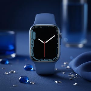 Op de afbeelding: Een blauw slim horloge met een zwart scherm waarop de tijd wordt weergegeven. Het horloge heeft een blauwe band en staat tegen een blauwe achtergrond met waterdruppels en een stuk blauwe stof. De wijzerplaat toont de tijd.