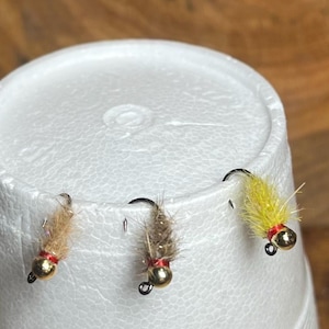 Può includere: Tre mosche da pesca con teste dorate, dettagli rossi e ami neri sono esposte. Sono fissate su una superficie bianca, con uno sfondo in legno. Una mosca è gialla, le altre sono marroni.