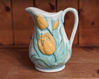 Ceramic Pitcher with Painted Tulip Flowers Spring Decor