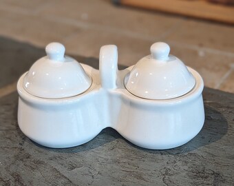 White Pottery Ironstone Double Crock Dipping or Spice Bowls