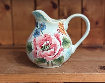 Ceramic Pitcher with Painted Flowers Spring Decor