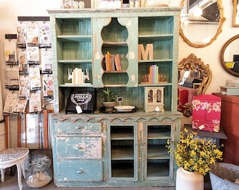 Primitive Wood Display Cabinet Dining Room Hutch in Chippy Mint Green